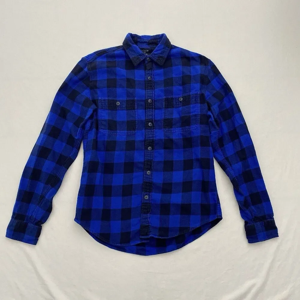 J Crew Flannel Shirt Mens Small Blue Buffalo Check Button Down Cotton Grunge